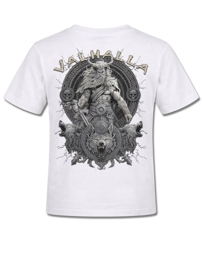 Spiral Valhalla design, back view on White K105, Rock Off Retail official merch