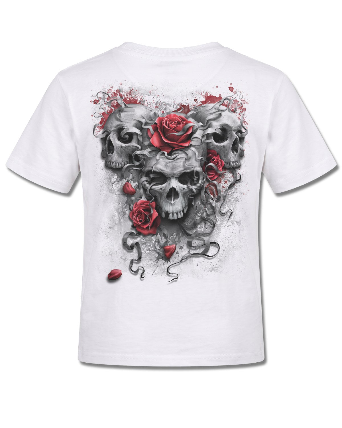 Spiral Skulls N' Roses design, back view on White K105, Rock Off Retail official merch