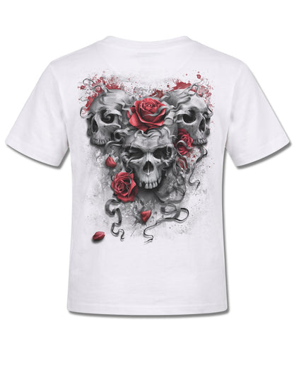 Spiral Skulls N' Roses design, back view on White K105, Rock Off Retail official merch