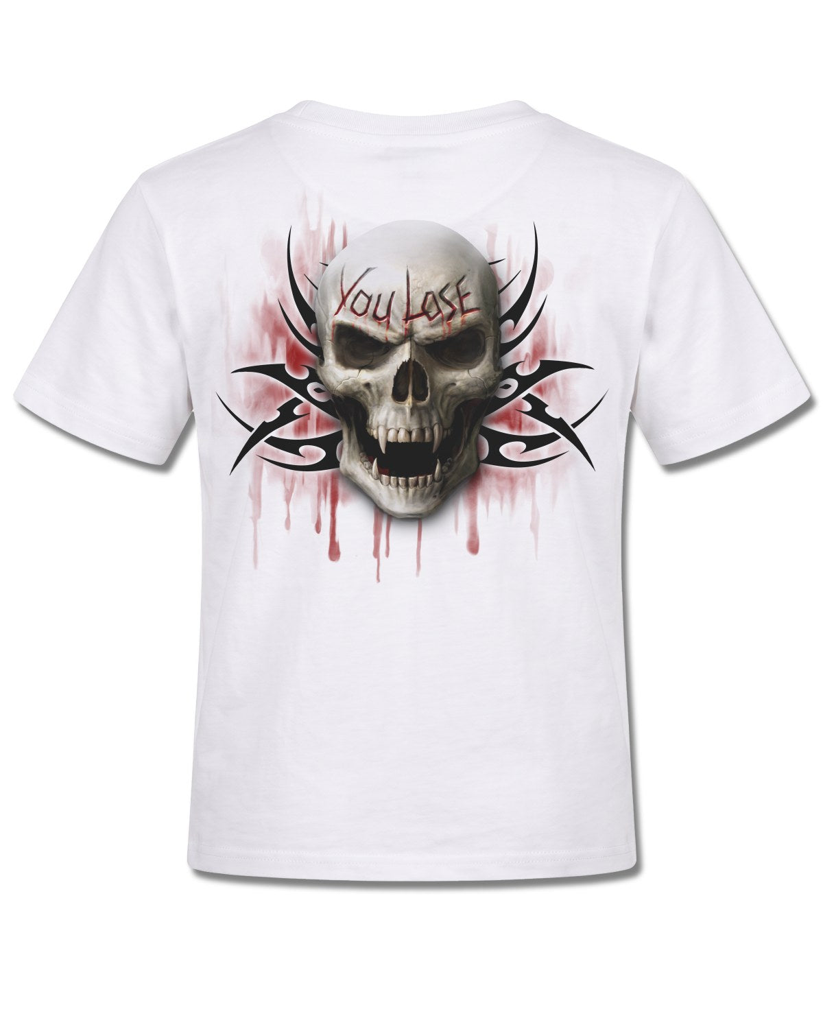 Spiral Game Over design, back view on White K105, Rock Off Retail official merch