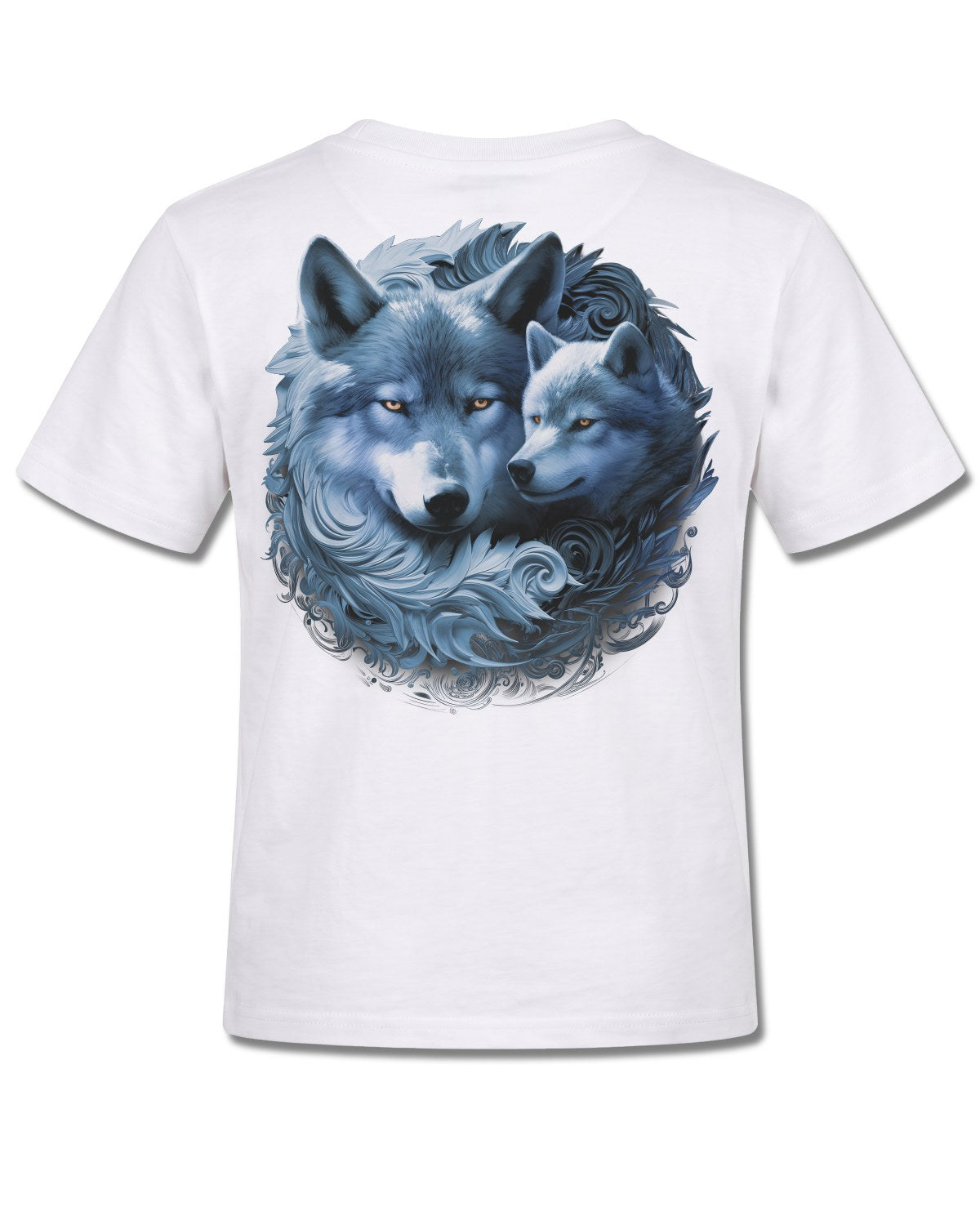 Spiral Wolf Guardian design, back view on White K105, Rock Off Retail official merch