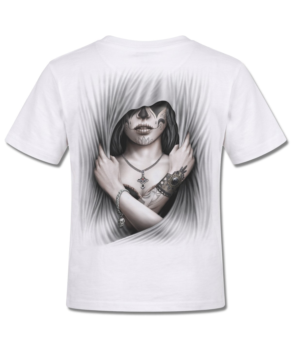 Spiral Dead Love design, back view on White K105, Rock Off Retail official merch