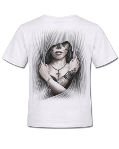 Spiral Dead Love design, back view on White K105, Rock Off Retail official merch