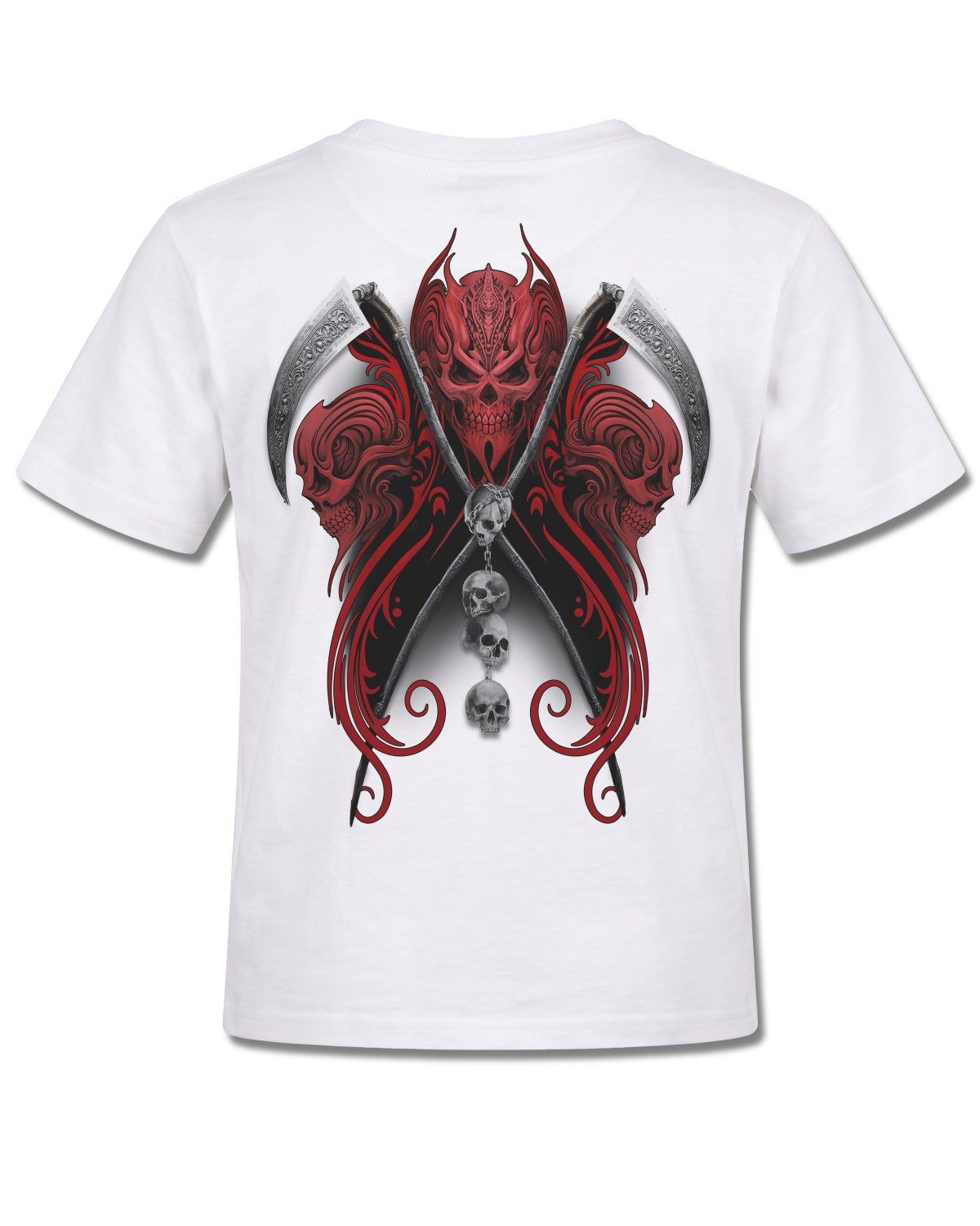 Spiral Reaperess design, back view on White K105, Rock Off Retail official merch