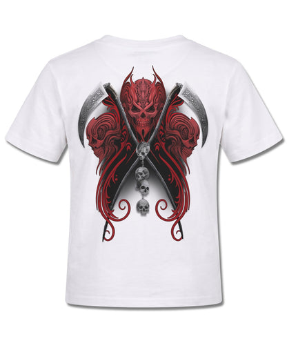 Spiral Reaperess design, back view on White K105, Rock Off Retail official merch