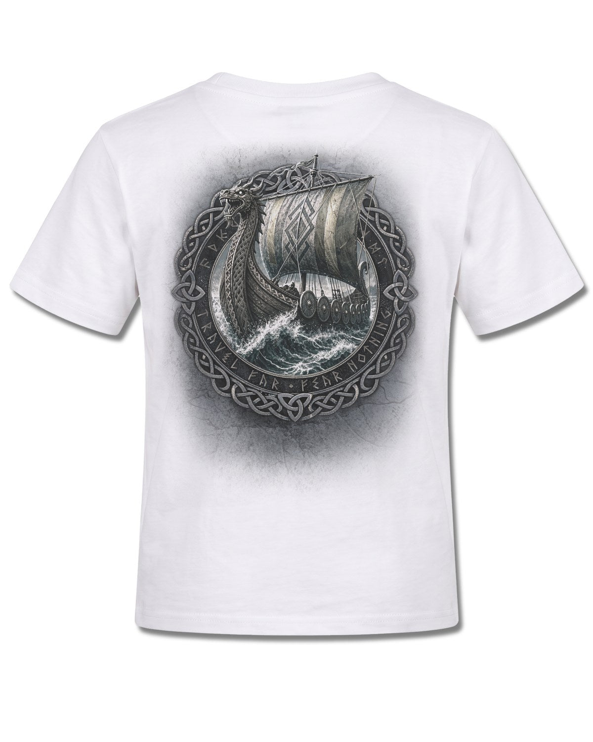 Spiral Viking Norseman design, back view on White K105, Rock Off Retail official merch