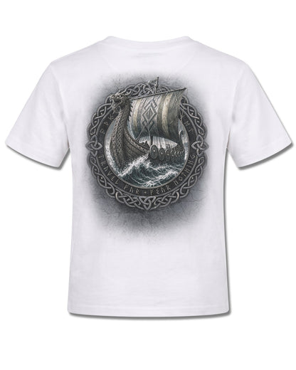 Spiral Viking Norseman design, back view on White K105, Rock Off Retail official merch