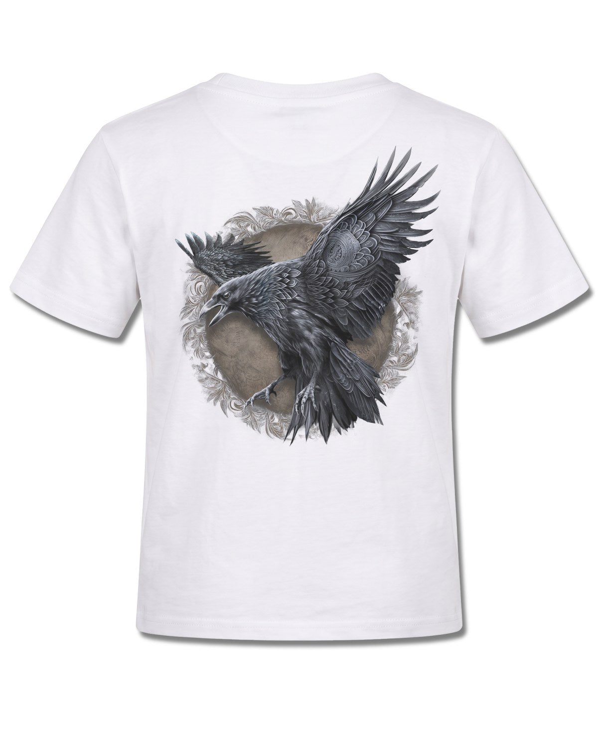Spiral Raven Wise design, back view on White K105, Rock Off Retail official merch