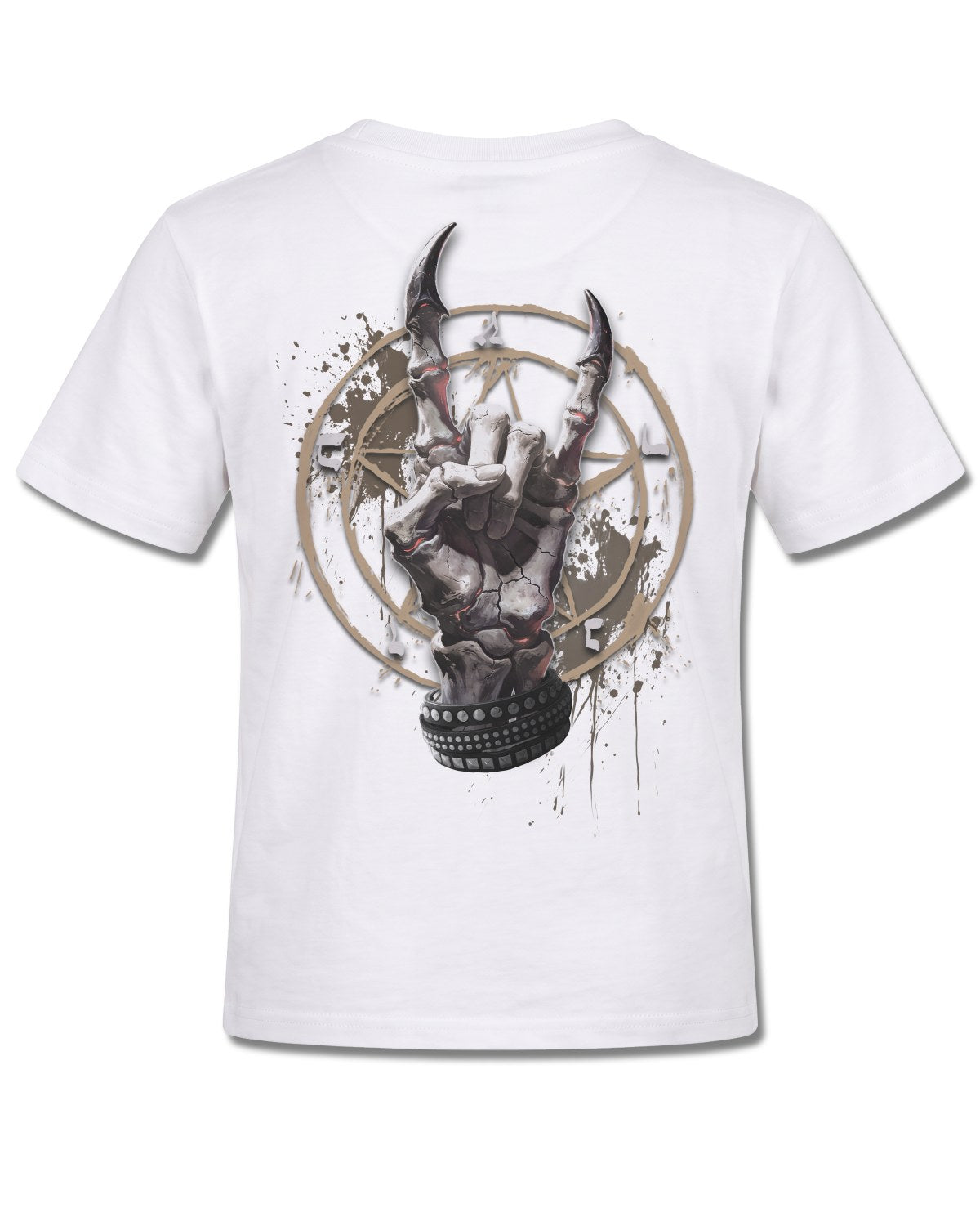 Spiral Pure Metal design, back view on White K105, Rock Off Retail official merch