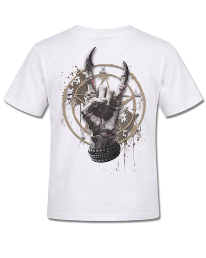 Spiral Pure Metal design, back view on White K105, Rock Off Retail official merch