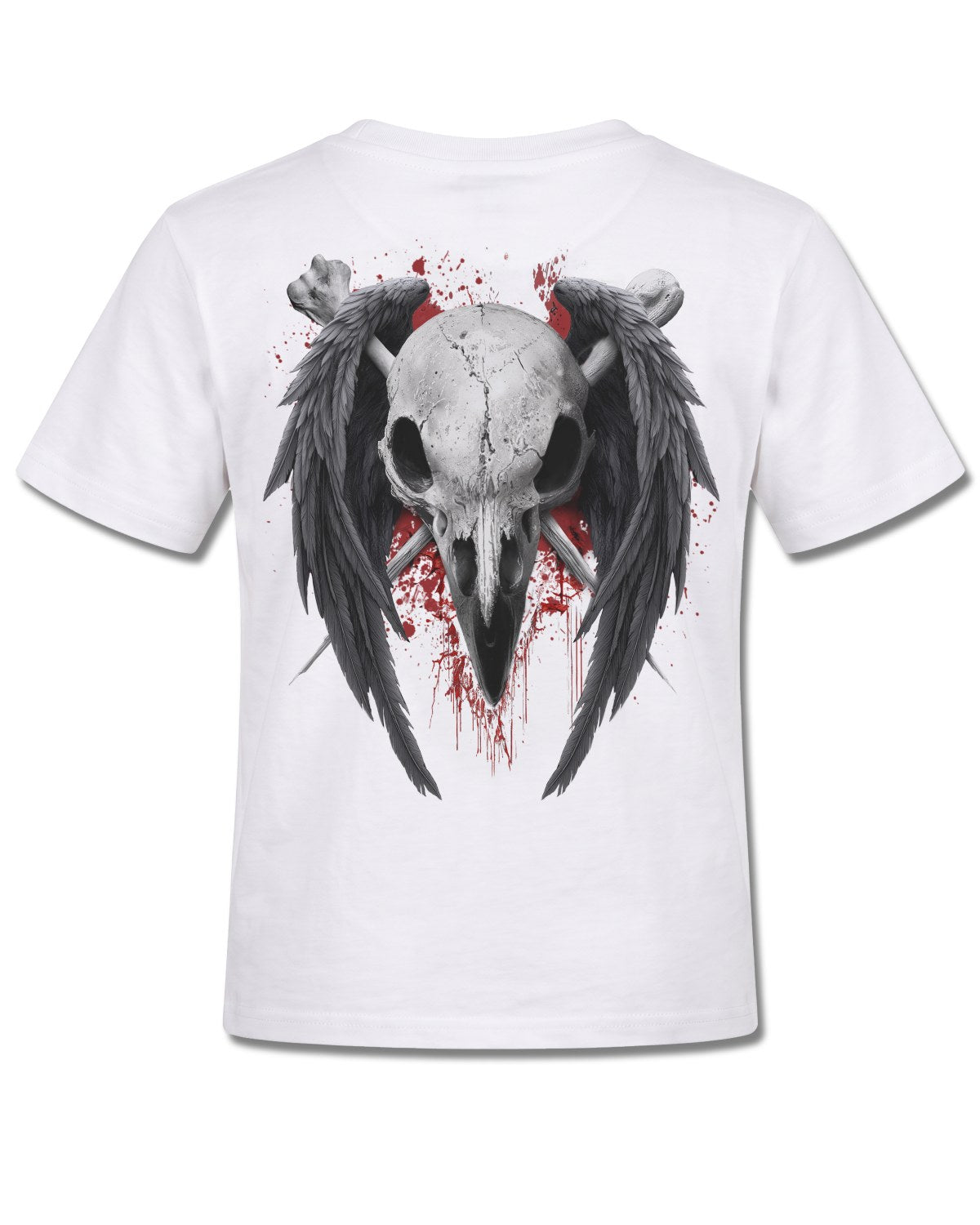 Spiral Death Raven design, back view on White K105, Rock Off Retail official merch