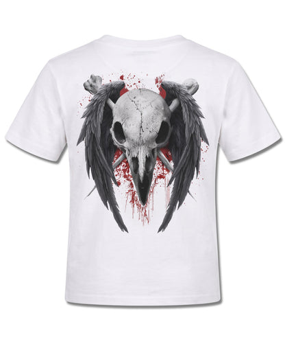 Spiral Death Raven design, back view on White K105, Rock Off Retail official merch
