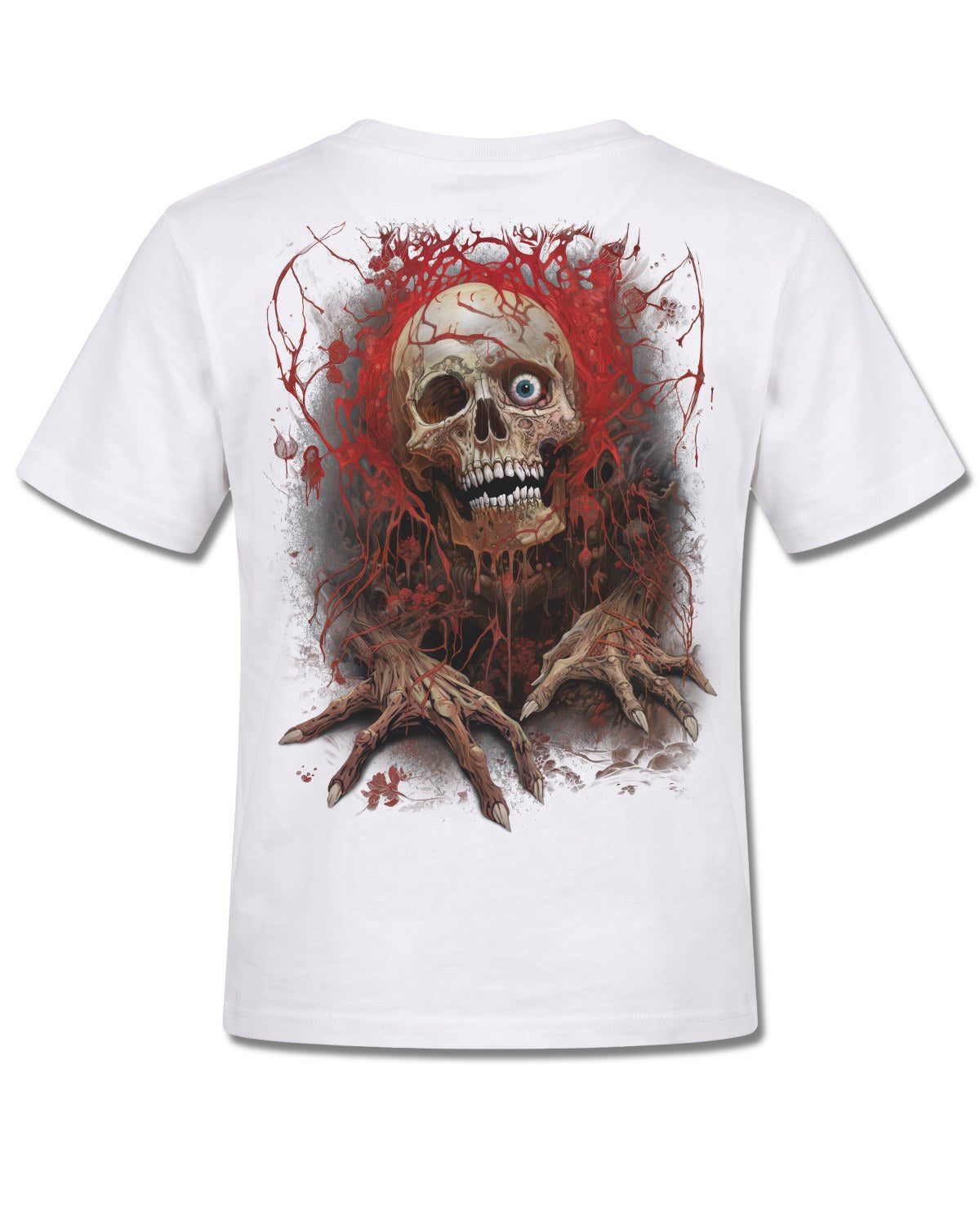 Spiral Creeping Curse design, back view on White K105, Rock Off Retail official merch