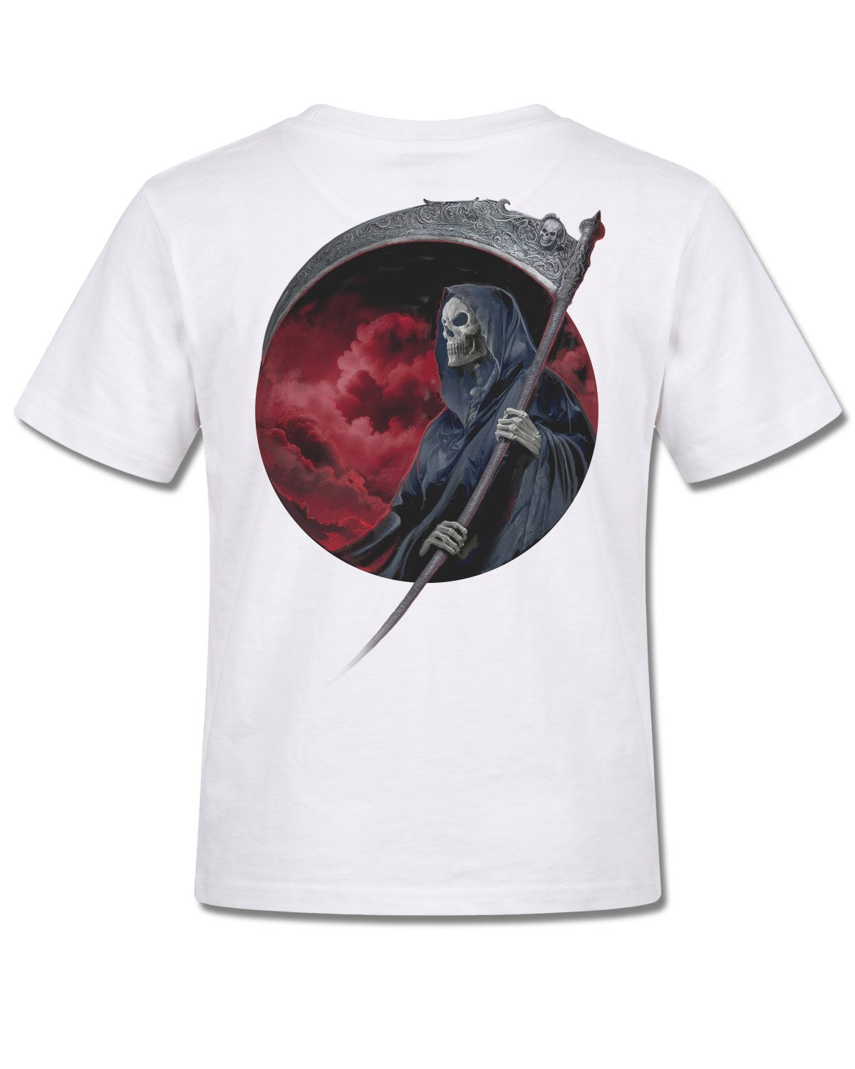 Spiral Reaper Revenge design, back view on White K105, Rock Off Retail official merch