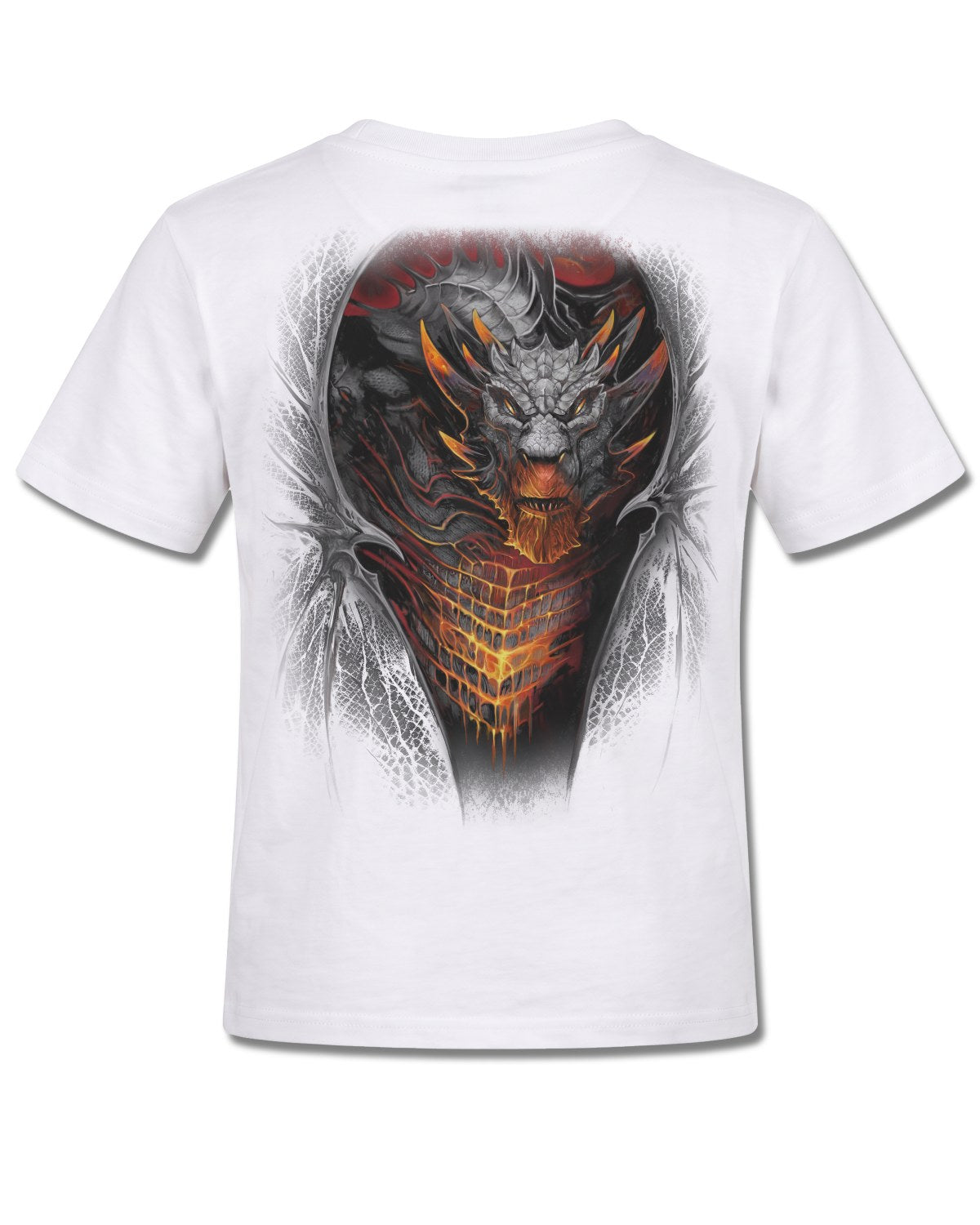 Spiral Draconis design, back view on White K105, Rock Off Retail official merch