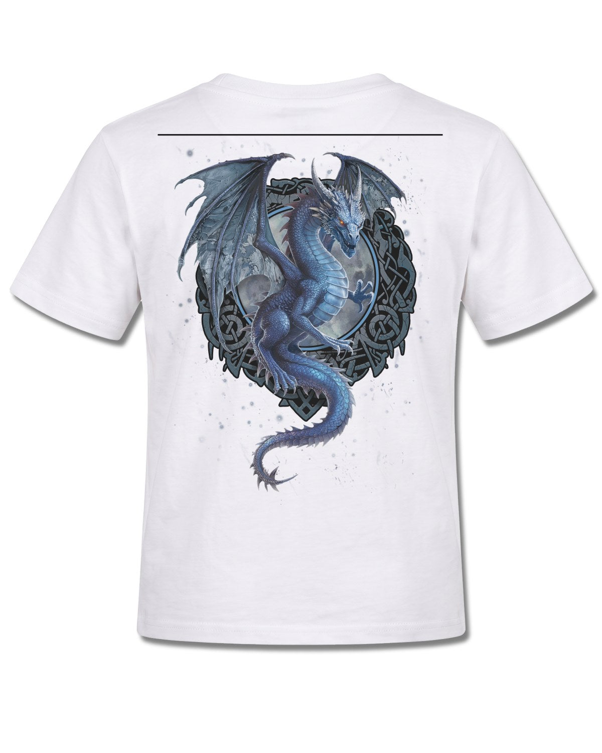 Spiral Storm Dragon design, back view on White K105, Rock Off Retail official merch