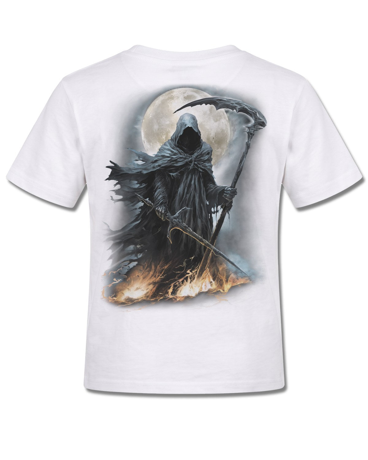 Spiral Shadow Rider design, back view on White K105, Rock Off Retail official merch