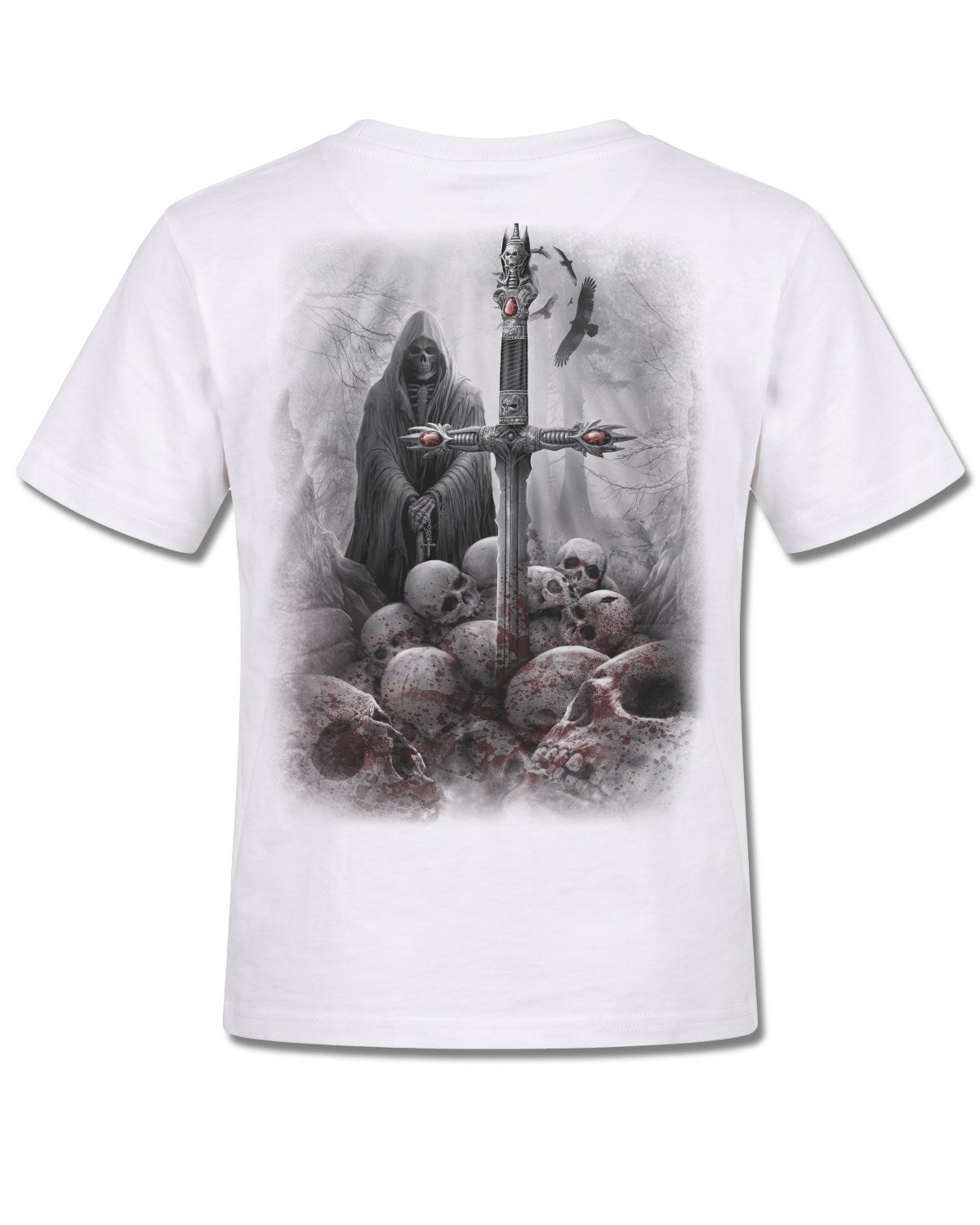 Spiral Soul Searcher design, back view on White K105, Rock Off Retail official merch