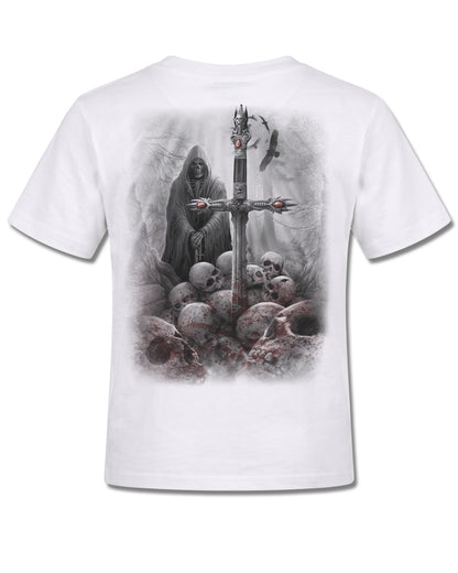 Spiral Soul Searcher design, back view on White K105, Rock Off Retail official merch