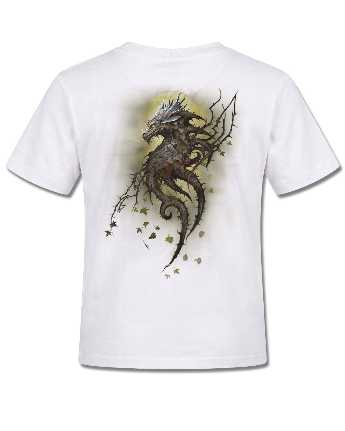Spiral Oak Dragon design, back view on White K105, Rock Off Retail official merch