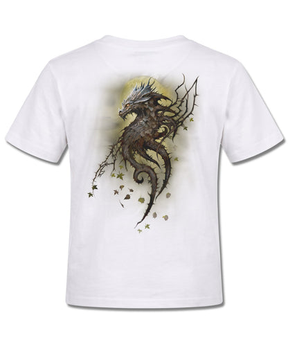Spiral Oak Dragon design, back view on White K105, Rock Off Retail official merch