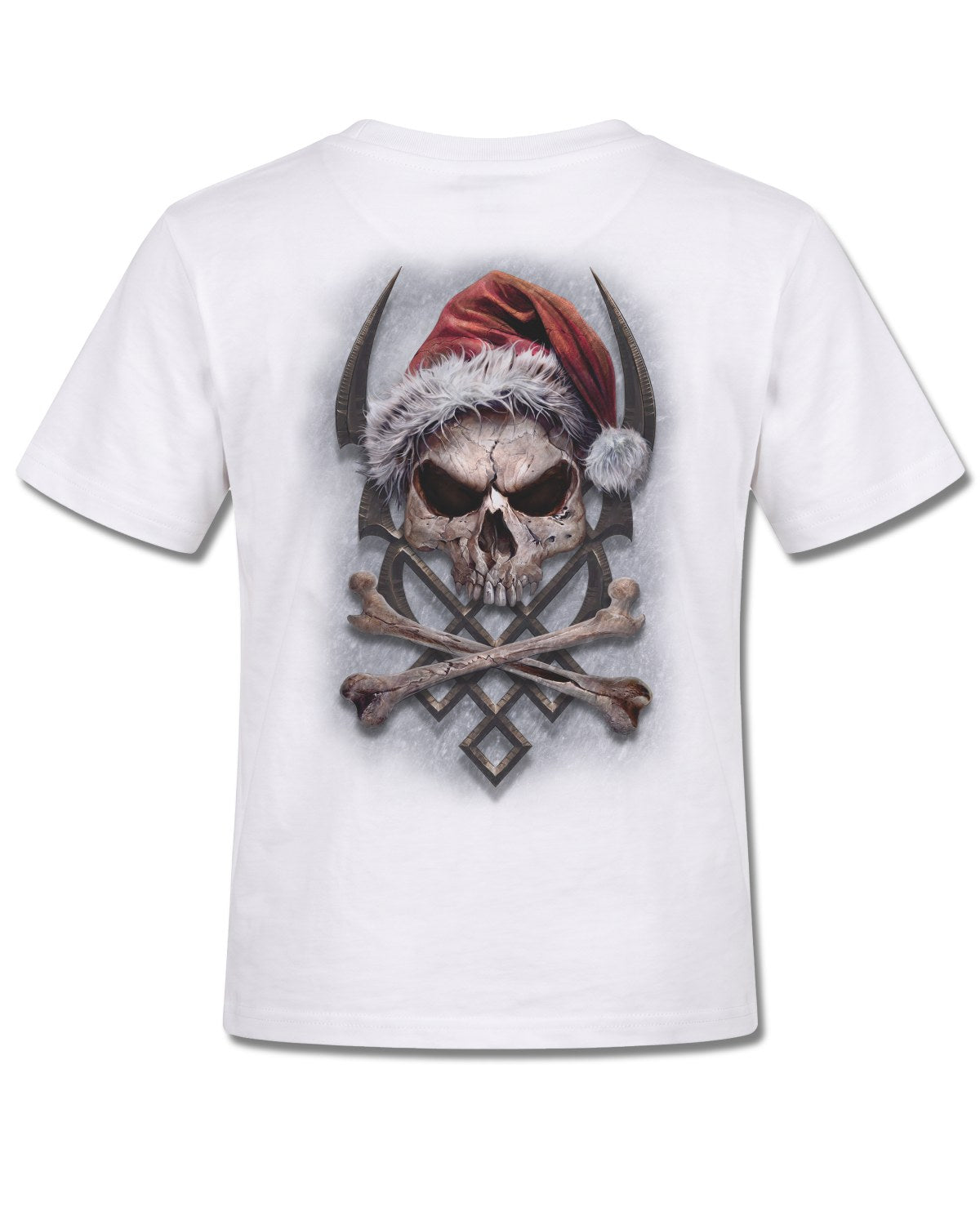 Spiral Rock Santa design, back view on White K105, Rock Off Retail official merch