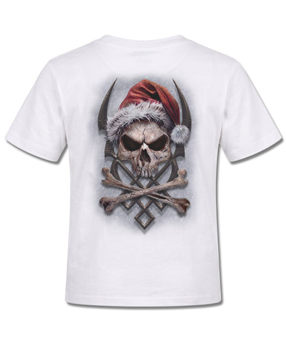 Spiral Rock Santa design, back view on White K105, Rock Off Retail official merch
