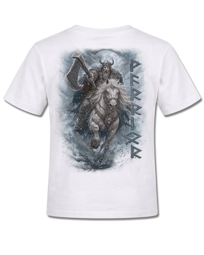 Spiral Viking Rampage design, back view on White K105, Rock Off Retail official merch