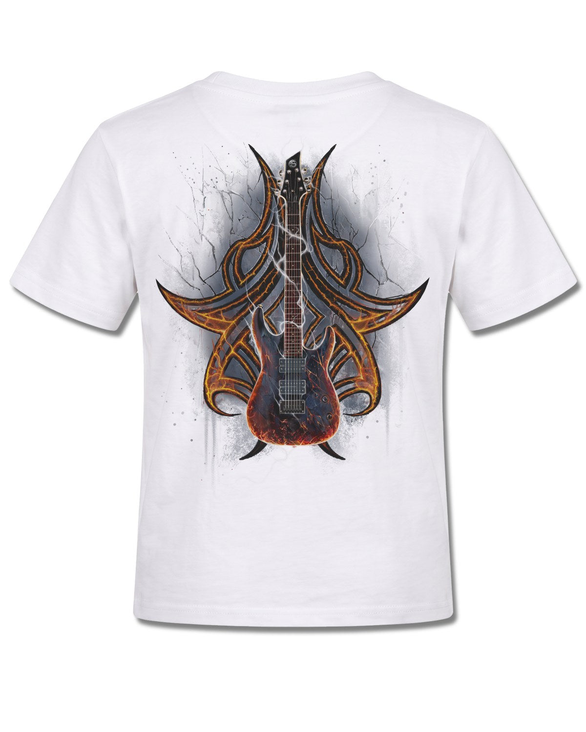 Spiral Death Rocker design, back view on White K105, Rock Off Retail official merch