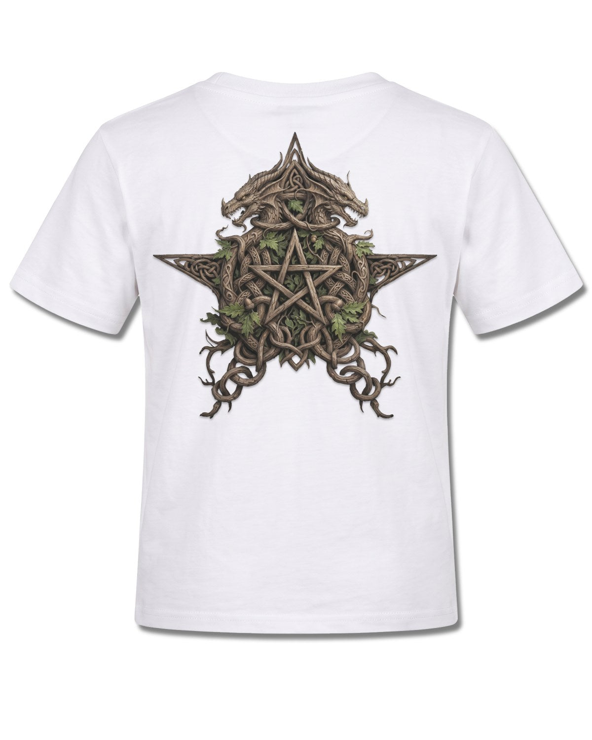Spiral Woodland King design, back view on White K105, Rock Off Retail official merch