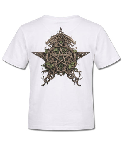 Spiral Woodland King design, back view on White K105, Rock Off Retail official merch