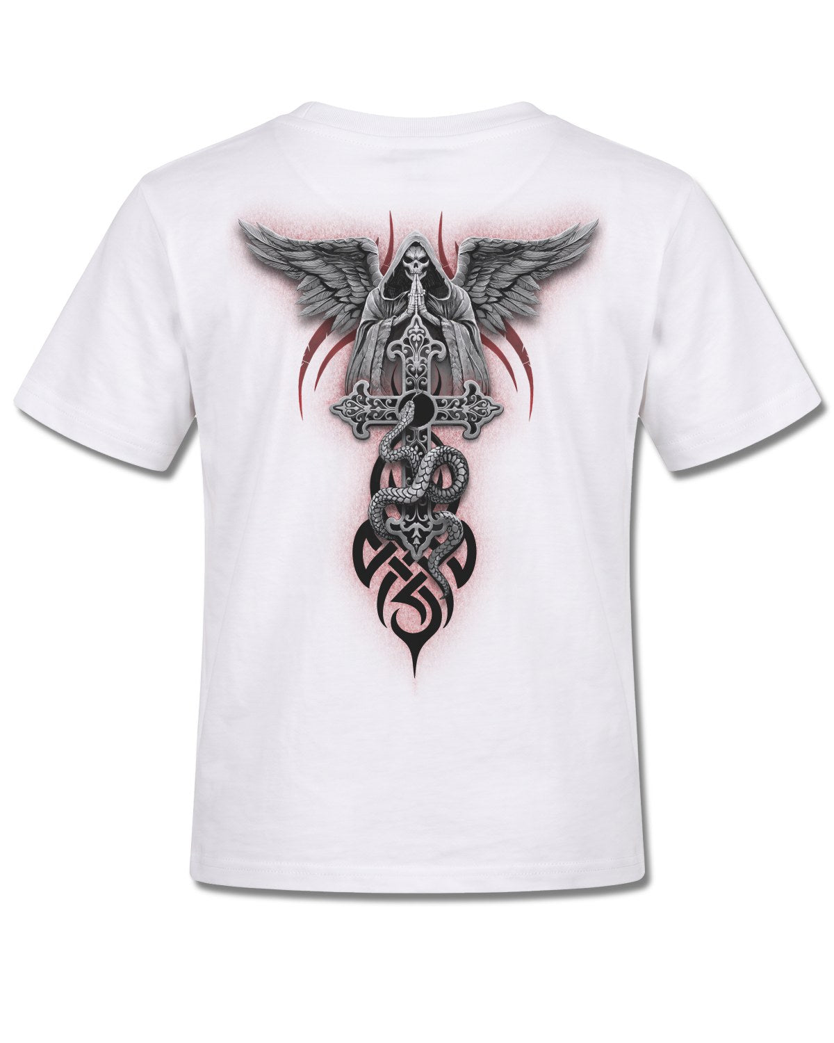 Spiral The Dead design, back view on White K105, Rock Off Retail official merch