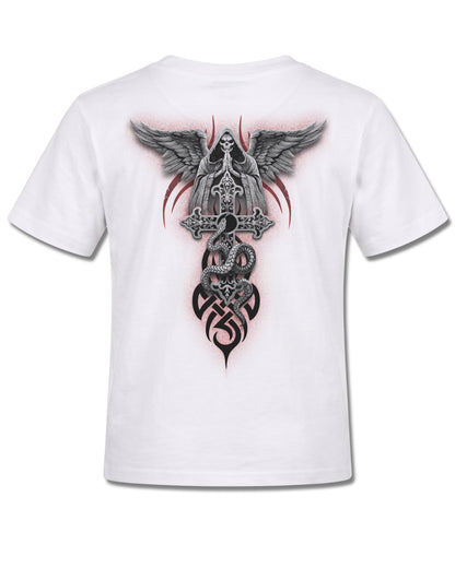 Spiral The Dead design, back view on White K105, Rock Off Retail official merch