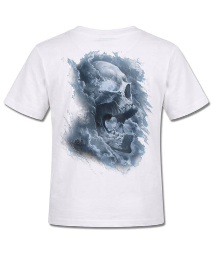 Spiral Grave Skies design, back view on White K105, Rock Off Retail official merch