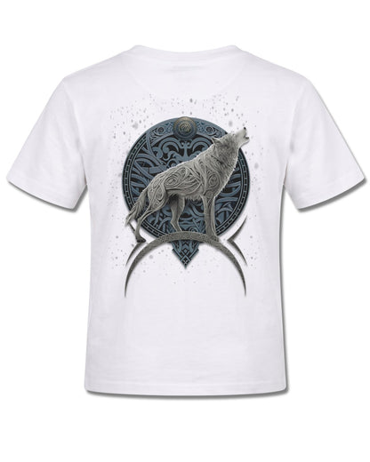 Spiral Celtic Wolf design, back view on White K105, Rock Off Retail official merch
