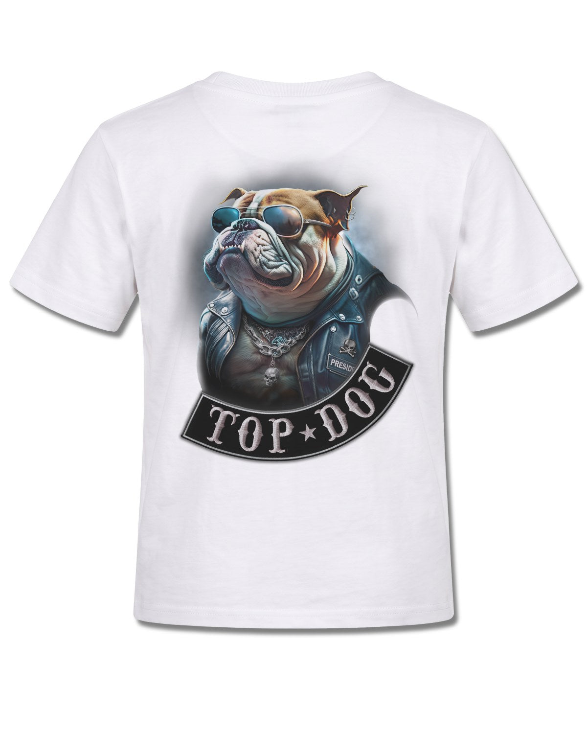 Spiral Top Dog design, back view on White K105, Rock Off Retail official merch