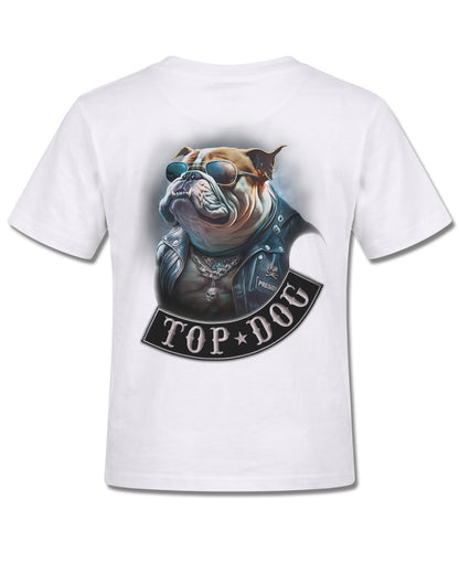 Spiral Top Dog design, back view on White K105, Rock Off Retail official merch