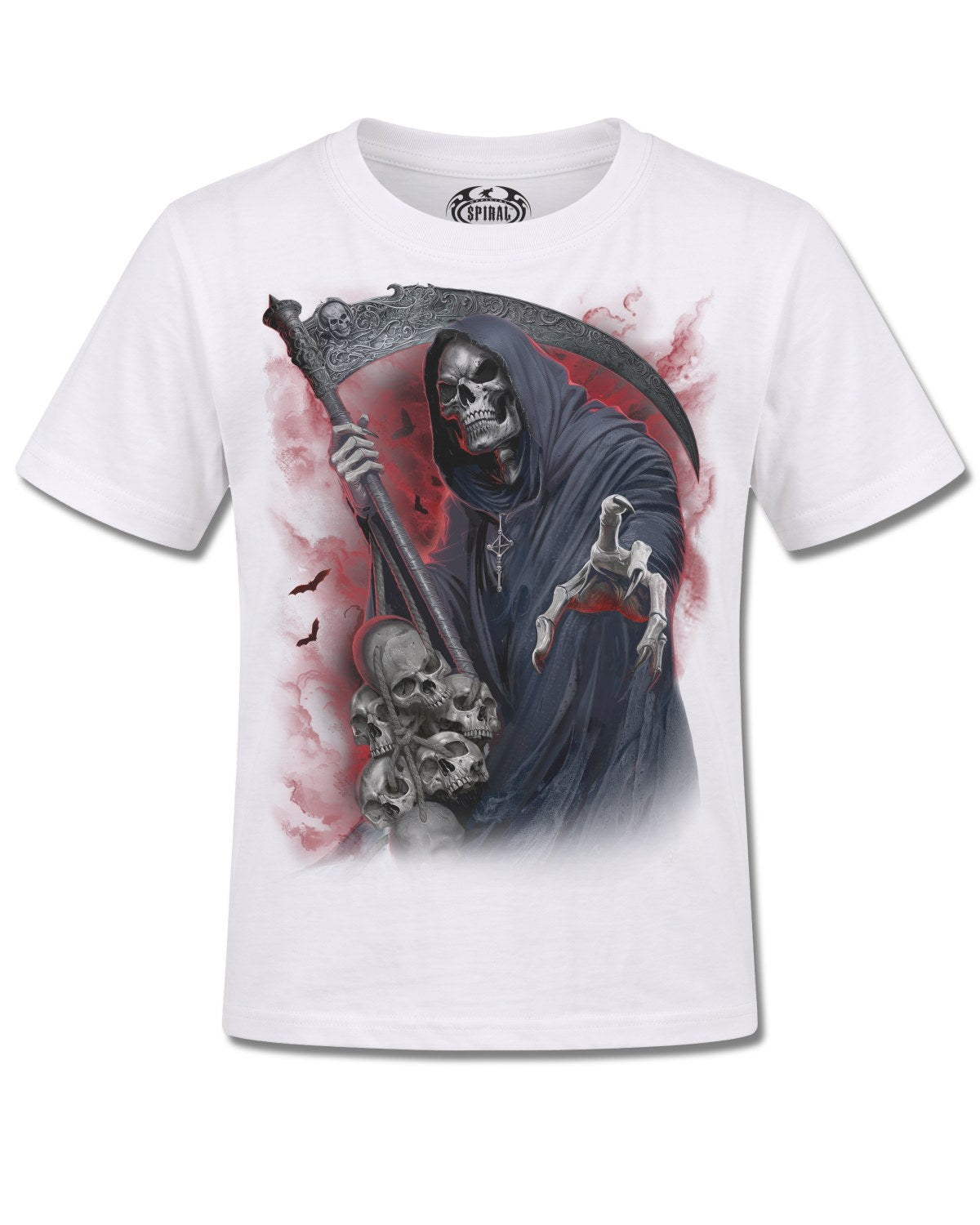 Spiral Reaper Revenge design, front view on White K105, Rock Off Retail official merch