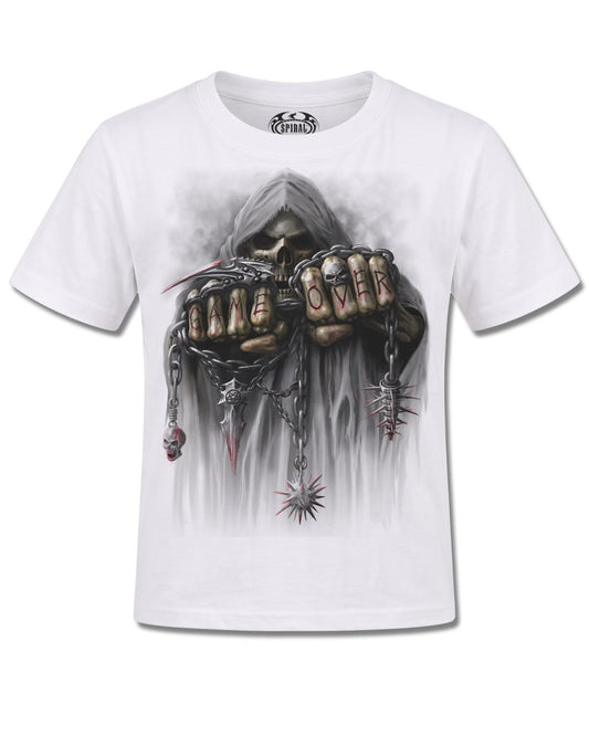 Spiral Game Over design, front view on White K105, Rock Off Retail official merch