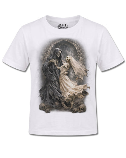 Spiral Last Dance design, front view on White K105, Rock Off Retail official merch