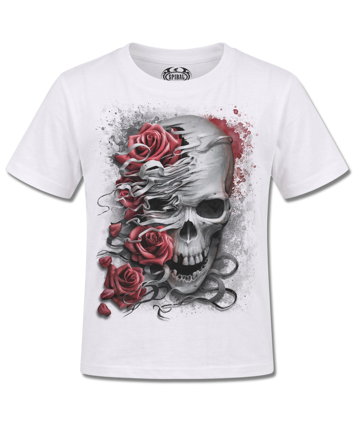 Spiral Skulls N' Roses design, front view on White K105, Rock Off Retail official merch