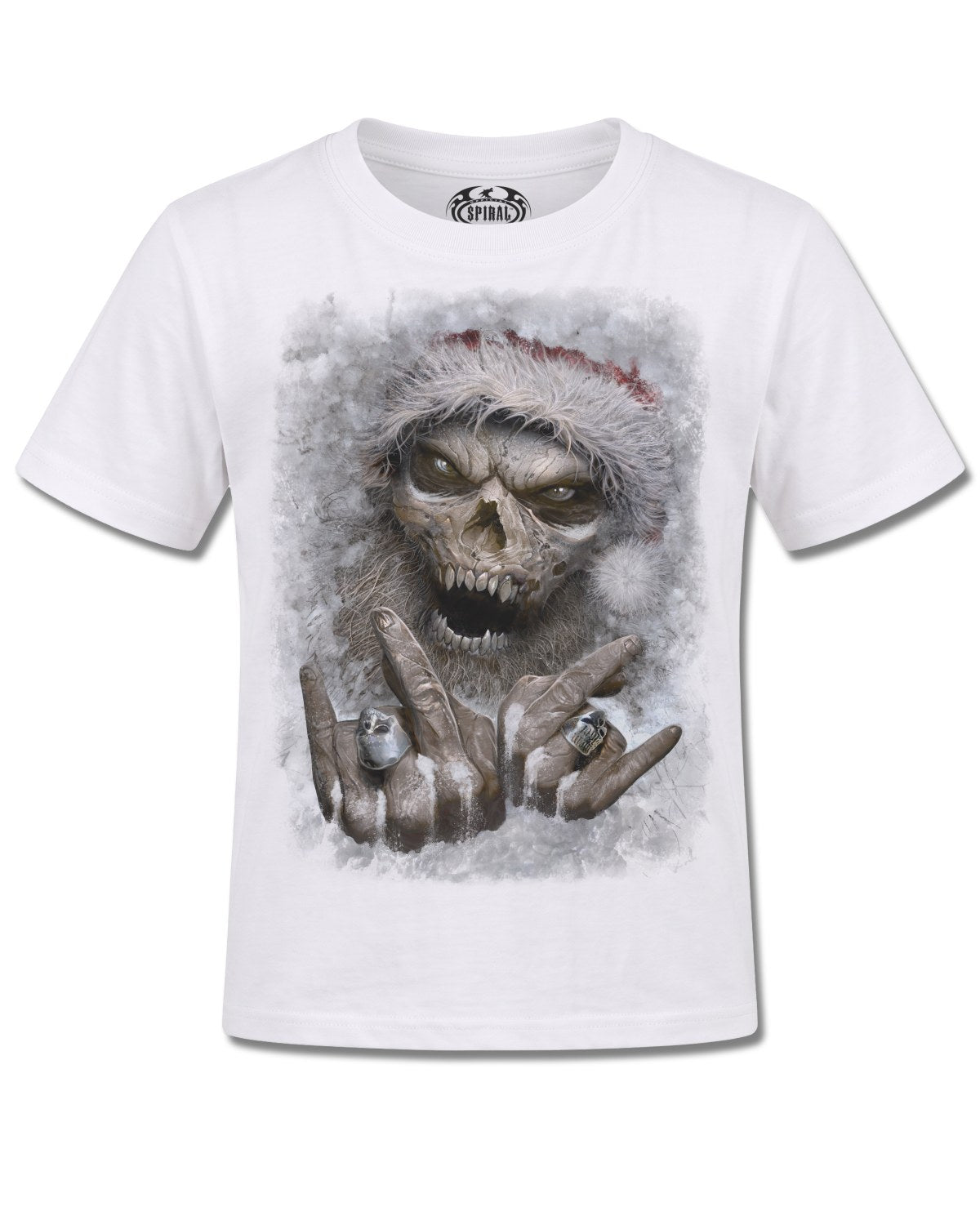 Spiral Rock Santa design, front view on White K105, Rock Off Retail official merch