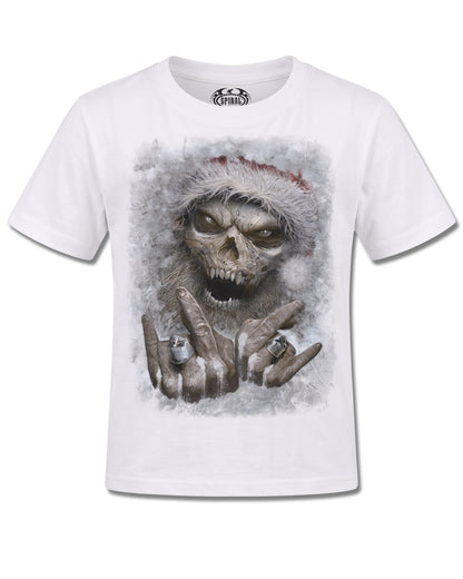 Spiral Rock Santa design, front view on White K105, Rock Off Retail official merch