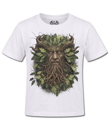Spiral Woodland King design, front view on White K105, Rock Off Retail official merch