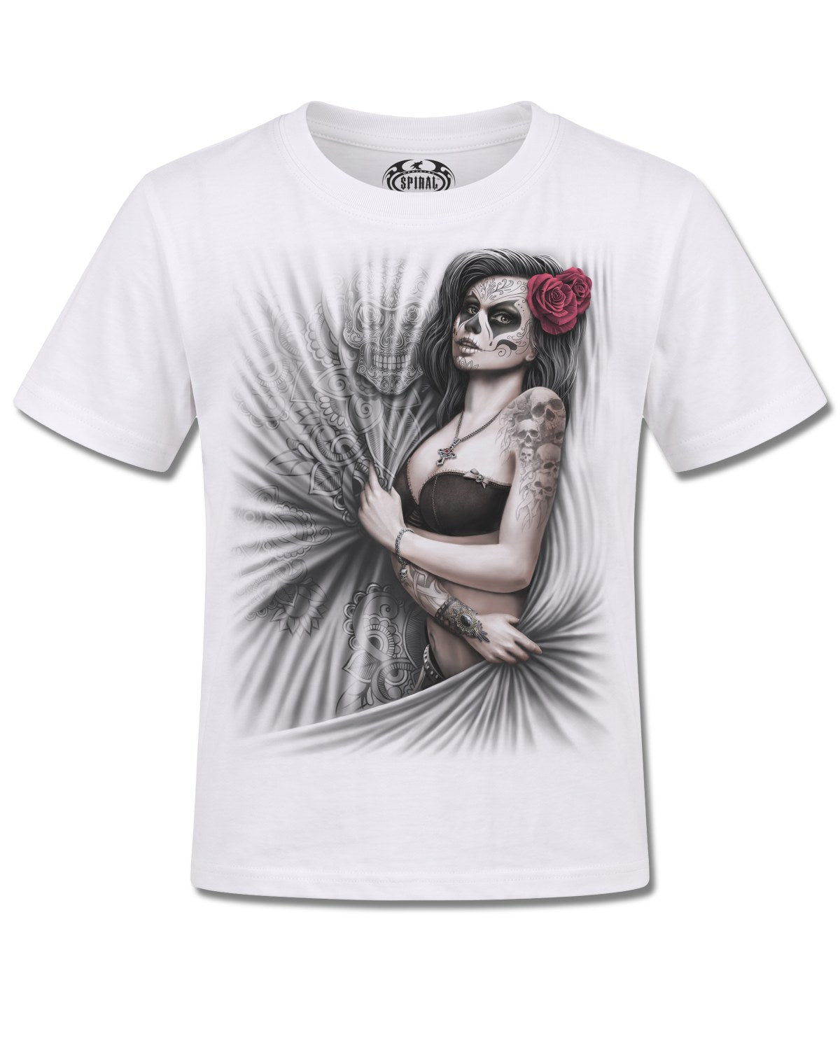 Spiral Dead Love design, front view on White K105, Rock Off Retail official merch