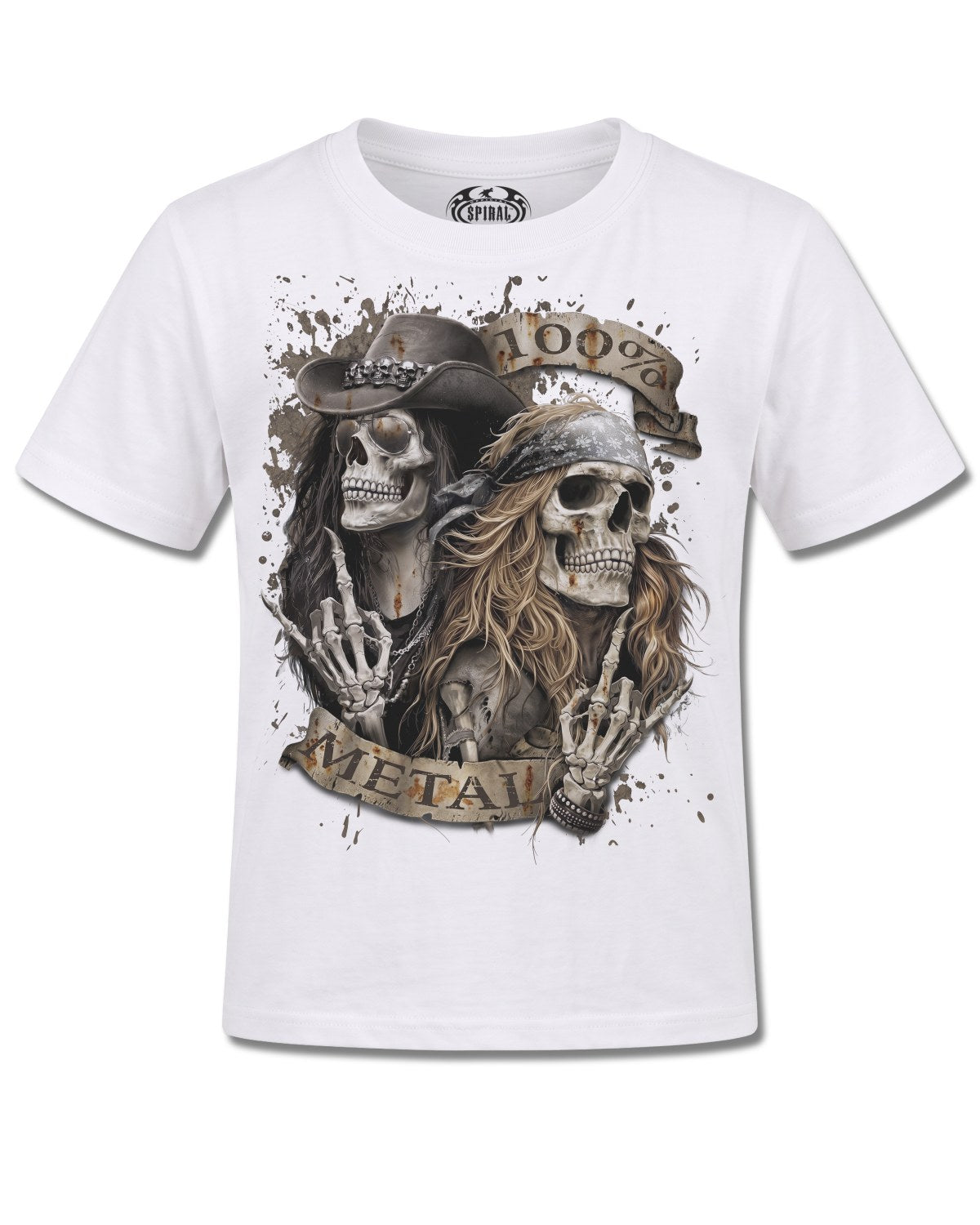 Spiral Pure Metal design, front view on White K105, Rock Off Retail official merch