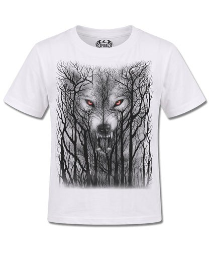Spiral Forest Wolf design, front view on White K105, Rock Off Retail official merch