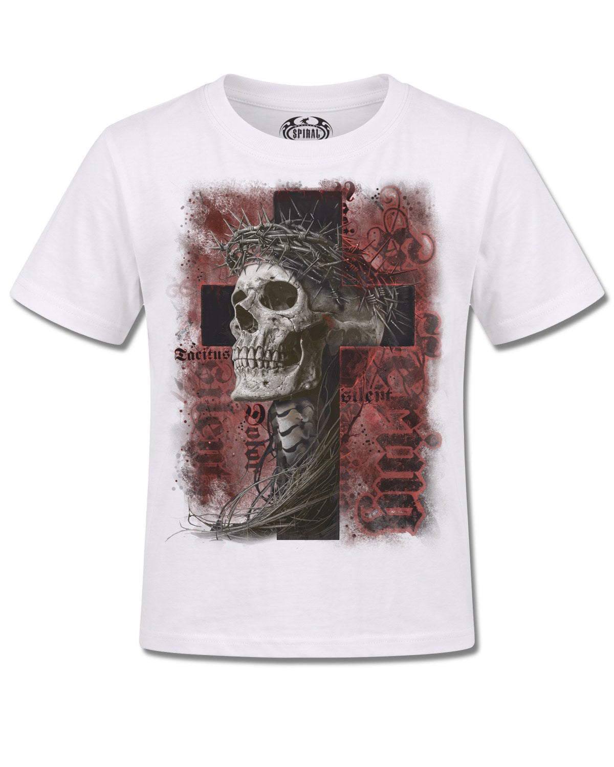 Spiral Silent Suffering design, front view on White K105, Rock Off Retail official merch