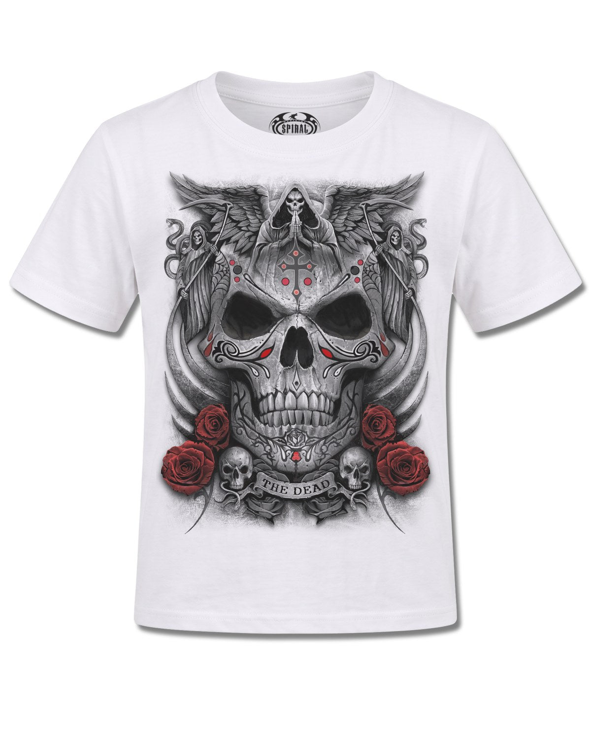 Spiral The Dead design, front view on White K105, Rock Off Retail official merch