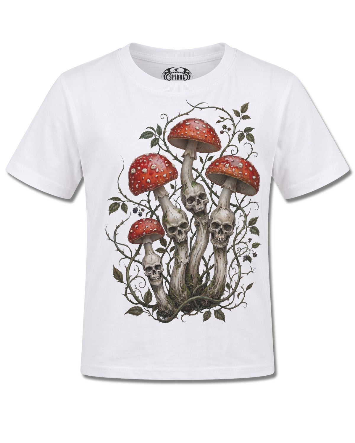 Spiral Shrooms design, front view on White K105, Rock Off Retail official merch